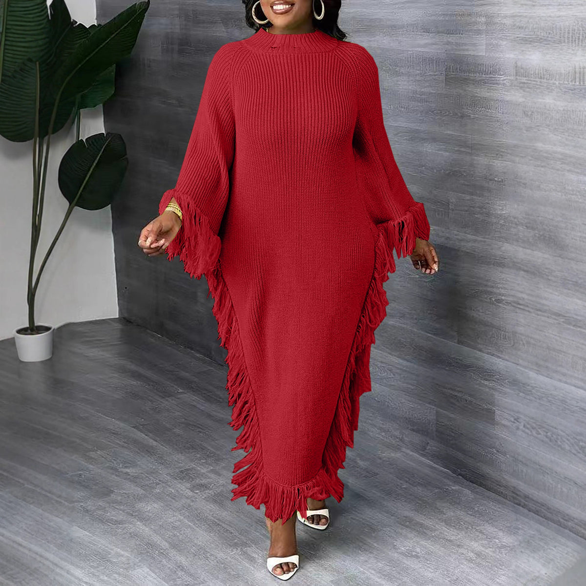 Casual Tassel Mock-neck Raglan-sleeve Asymmetrical Dress