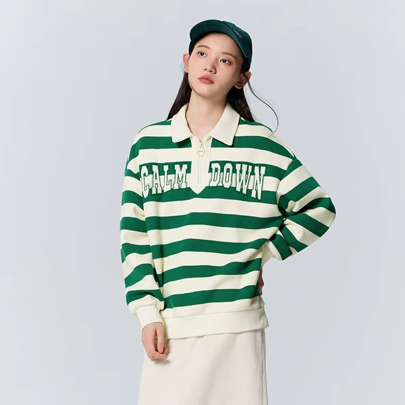 Velvet Half-Zip Polo Hoodie with Alphabet Embroidery
