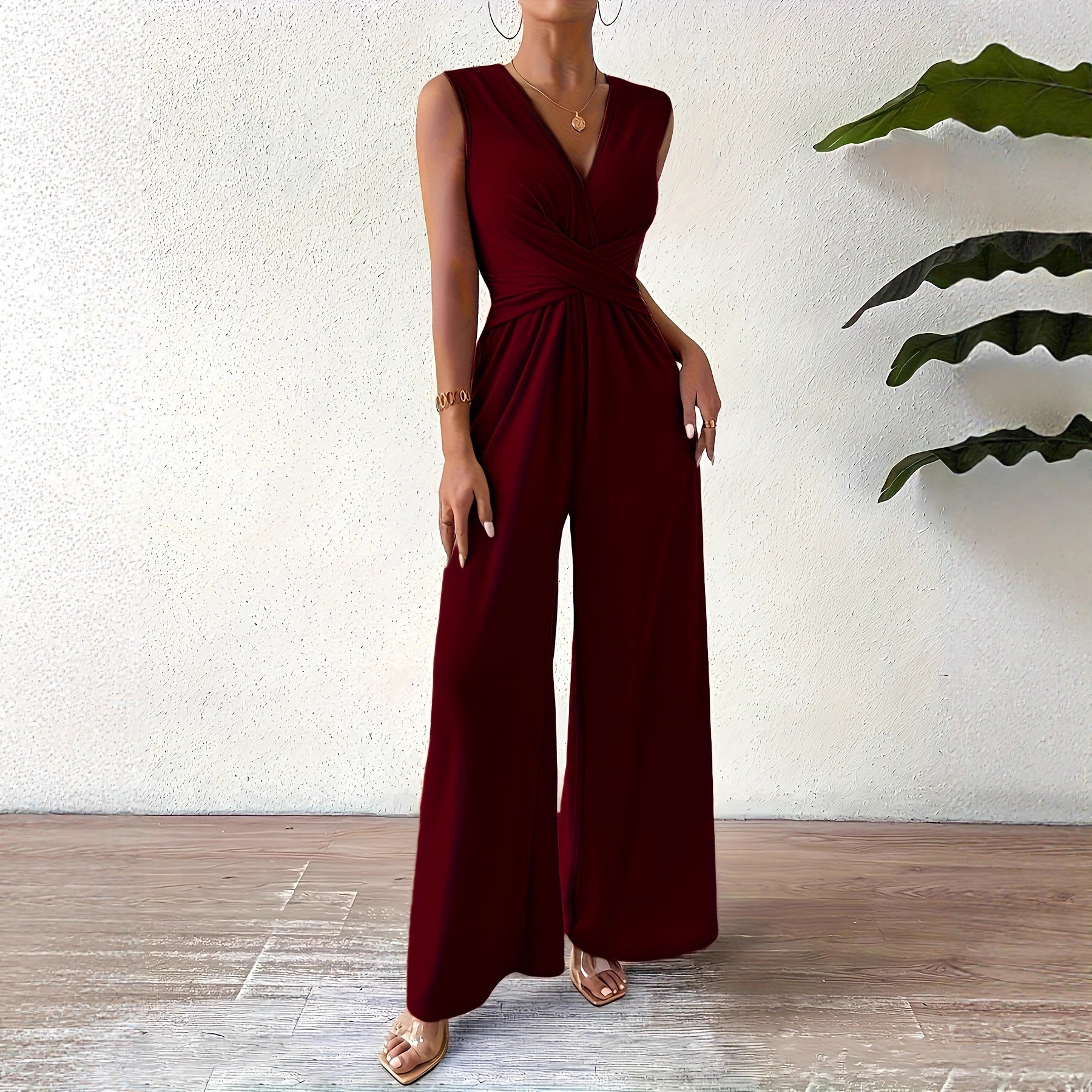 Elegant V-Neck Cross-Tie Waist Sleeveless Jumpsuit