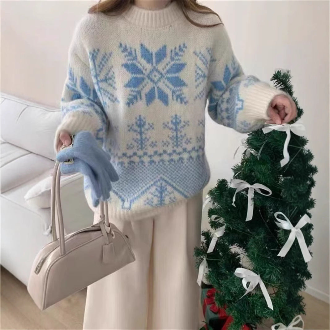 Jacquard Sweater Womens Crew-neck Snowflake Knit Top