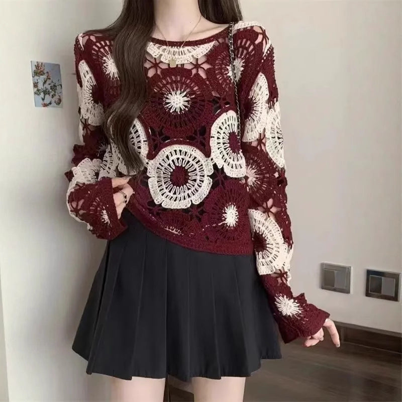 Hollow Crocheted Round Neck Long Sleeve Knitted Sweater