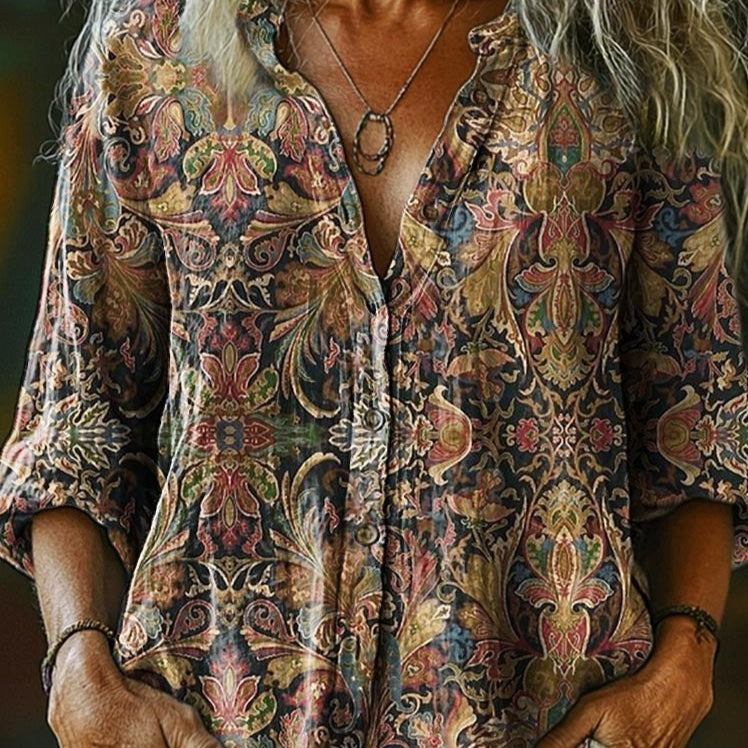 Women's Vintage Ethnic Floral Art Print Linen And Cotton V-neck Casual Shirt