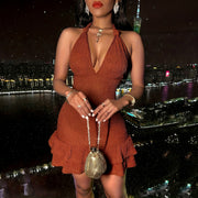 Halterneck Deep V-neck Dress for Women Spicy Style with Ruffled Hem