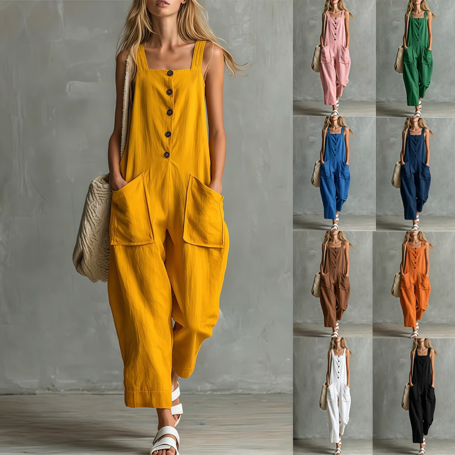 Wide-Leg Linen Overalls with Pockets