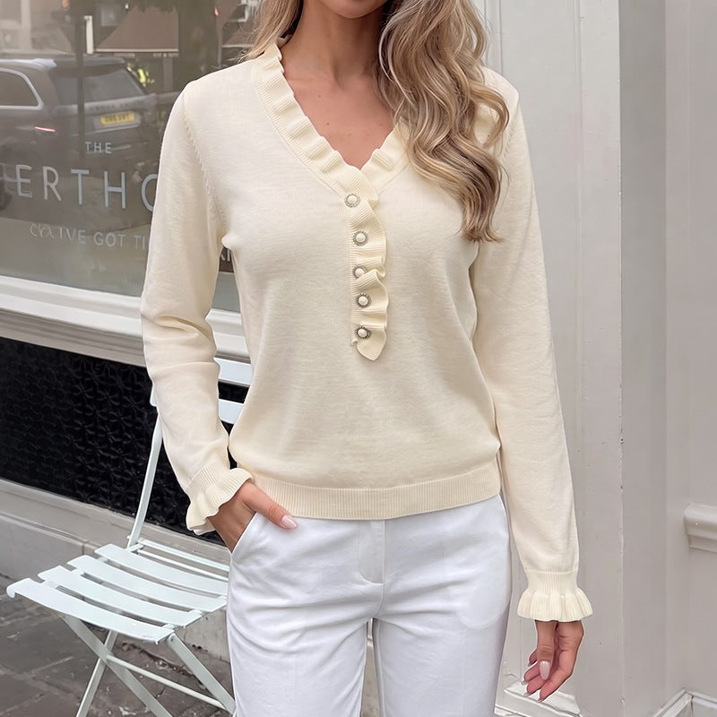 Solid Color Ruffled V Neck Pullover Sweater