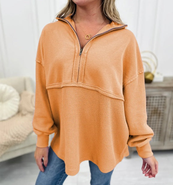 Women's Cozy Zip Patchwork Casual Pullover Sweater