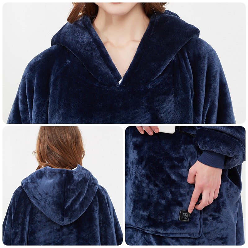USB Heated Hooded Blanket Pullover for Cozy Winter Warmth