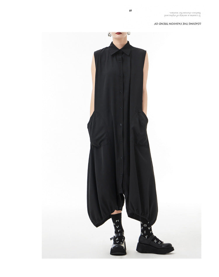 Women's Summer Thin Japanese Lapel Sleeveless Jumpsuit