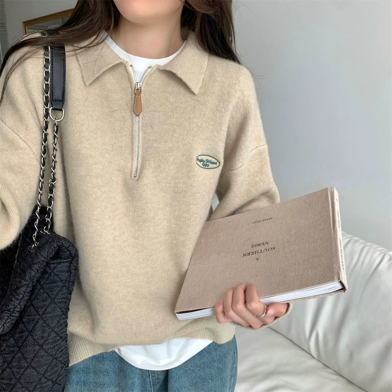 Korean Chic Polo Zipper Knit Sweater