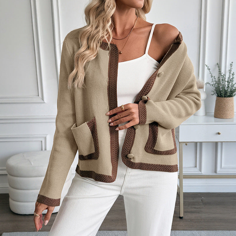 Contrast Color Knitted Cardigan Women's Sweater Coat