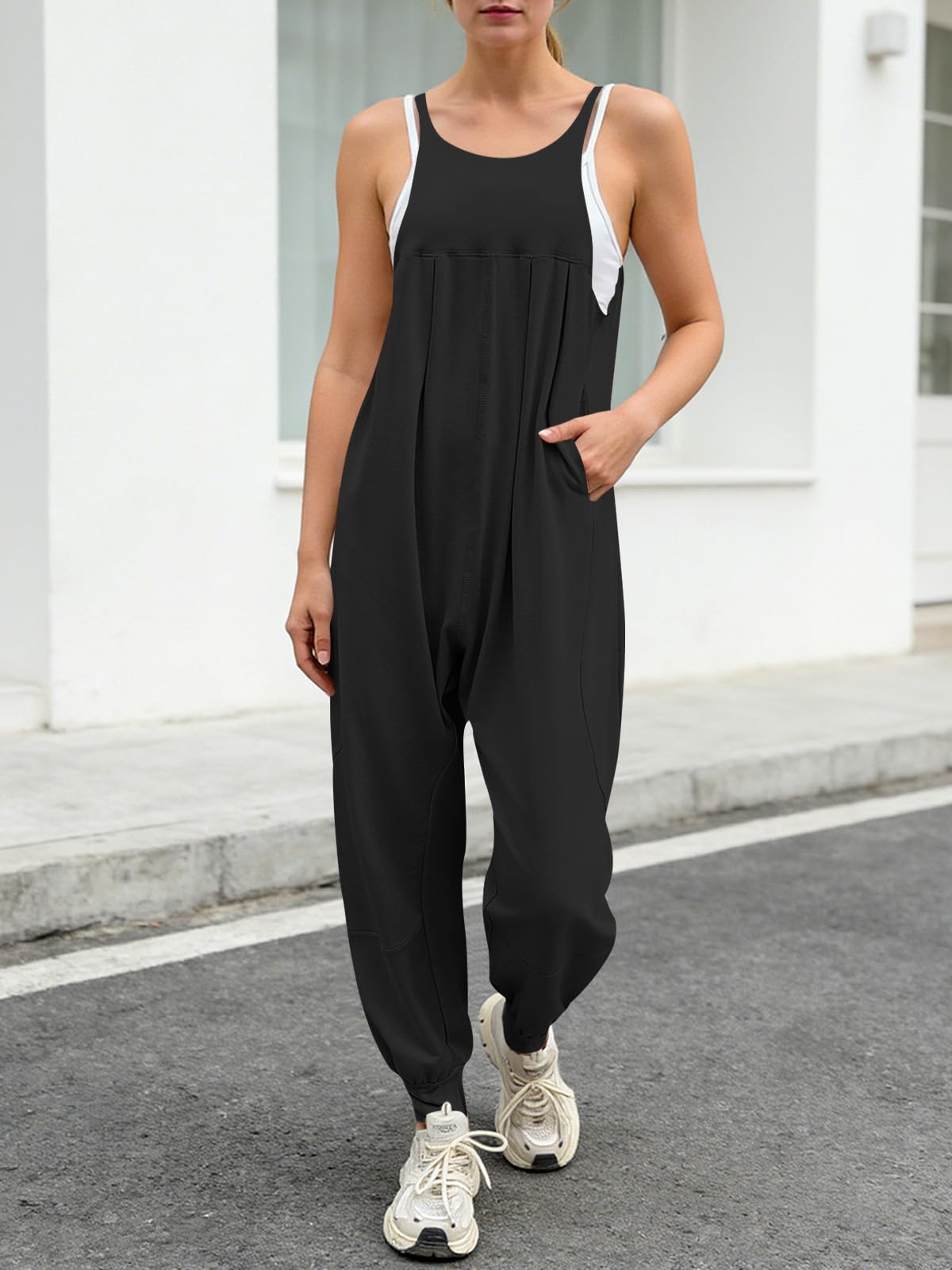 Fisoew Jumpsuits For Women Summer Casual Overalls Spaghetti Strap Sleeveless Pleated Rompers Jumpers With Pockets