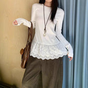 Elegant Korean‑Style Lace‑Trim Long Sleeve Top for Women