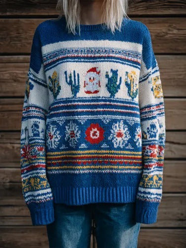 3d Digital-print Womens Crew-neck Loose Retro Jacquard Pullover Sweater