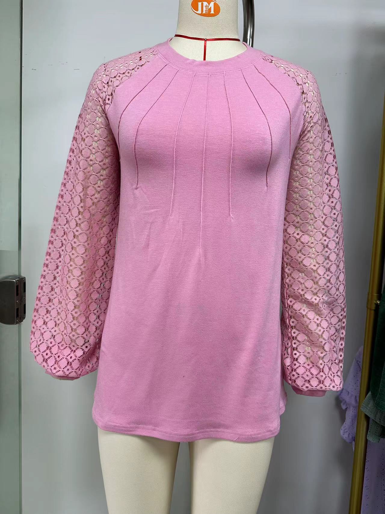 Chic Lace Long Sleeve Round Neck Pullover Top