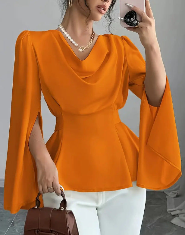 Women's Satin Flare Sleeve Waist Trimming Shirt