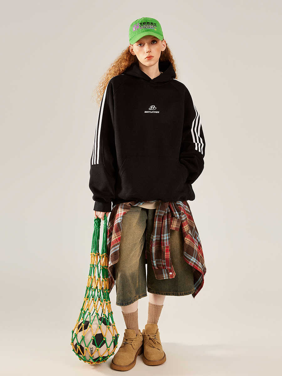Women's Retro Striped Raglan Hooded Sports Sweater