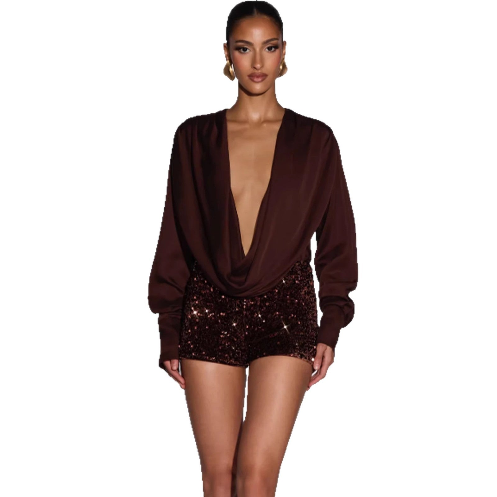 Satin Deep-V Long-Sleeve Bodycon Jumpsuit