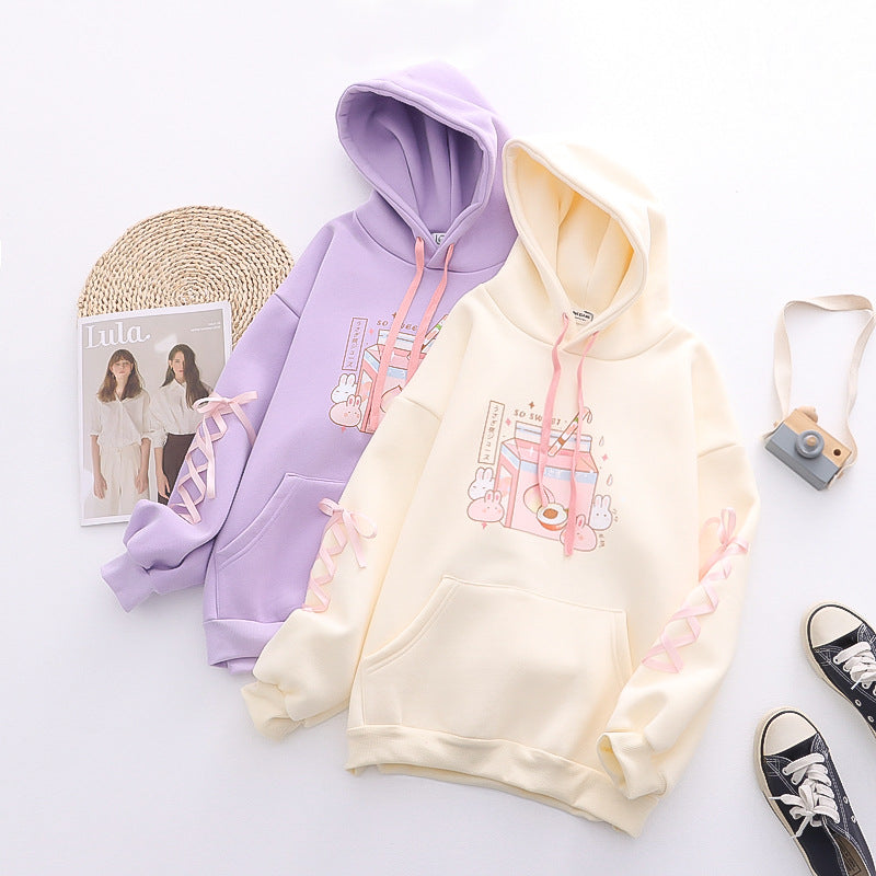 Cute Peach Bunny Fleece Pullover Hoodie