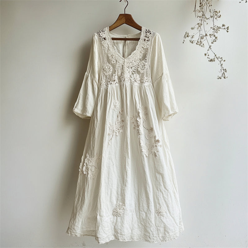 Lace Hollow Loose Long Sleeve Cotton and Linen Dress