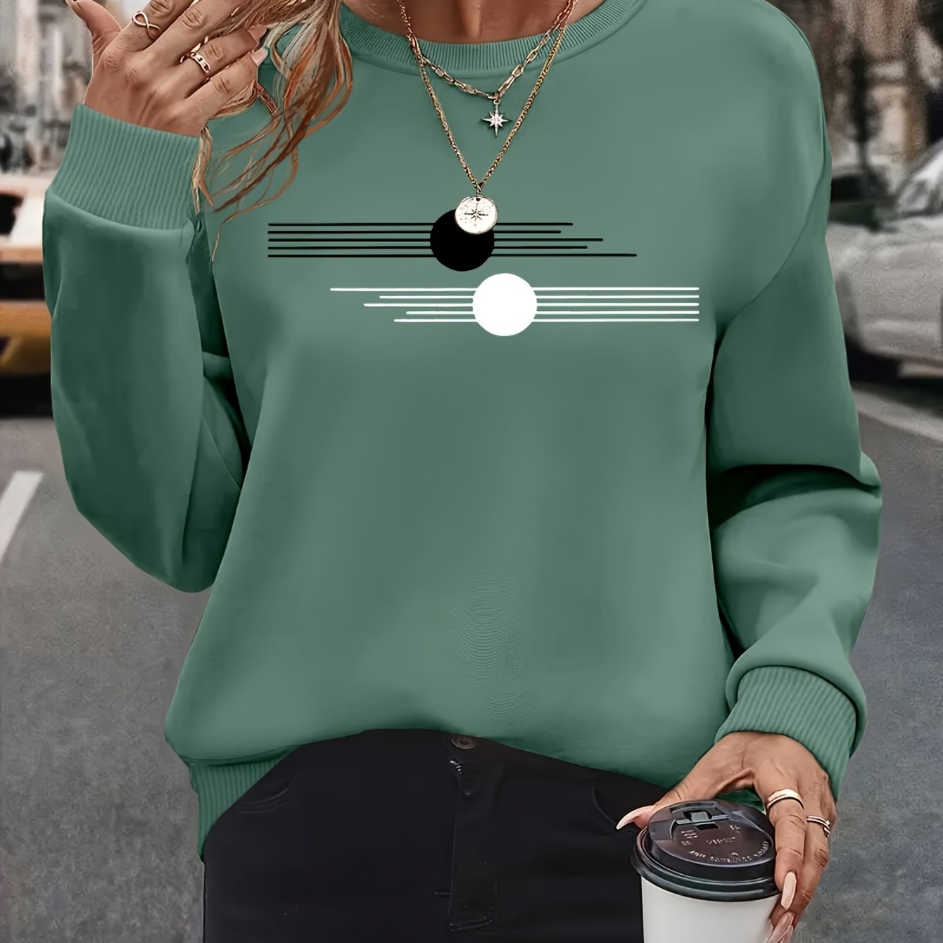 Women's Plus Size Oversized Long Sleeve Crew Neck Sweatshirt with Geometric Pattern