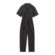 Chic Short-Sleeve Belted Jumpsuit with Zipper & Lapel