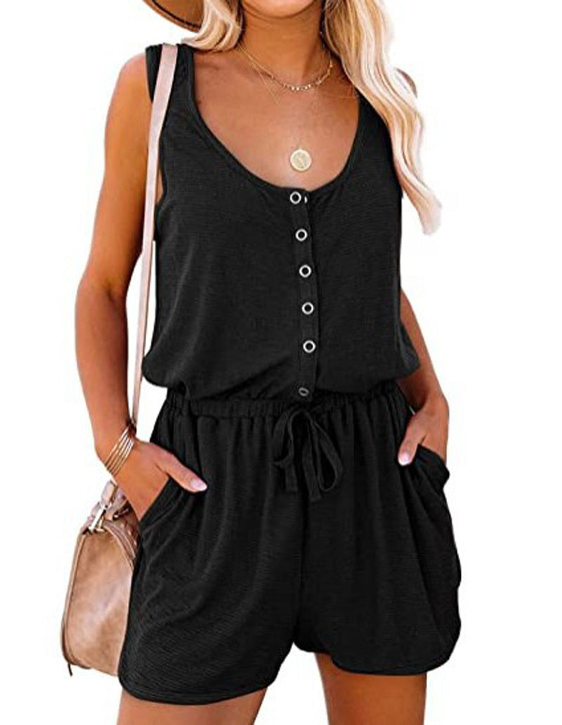 Summer Sleeveless Lace-Up Wide-Leg Romper