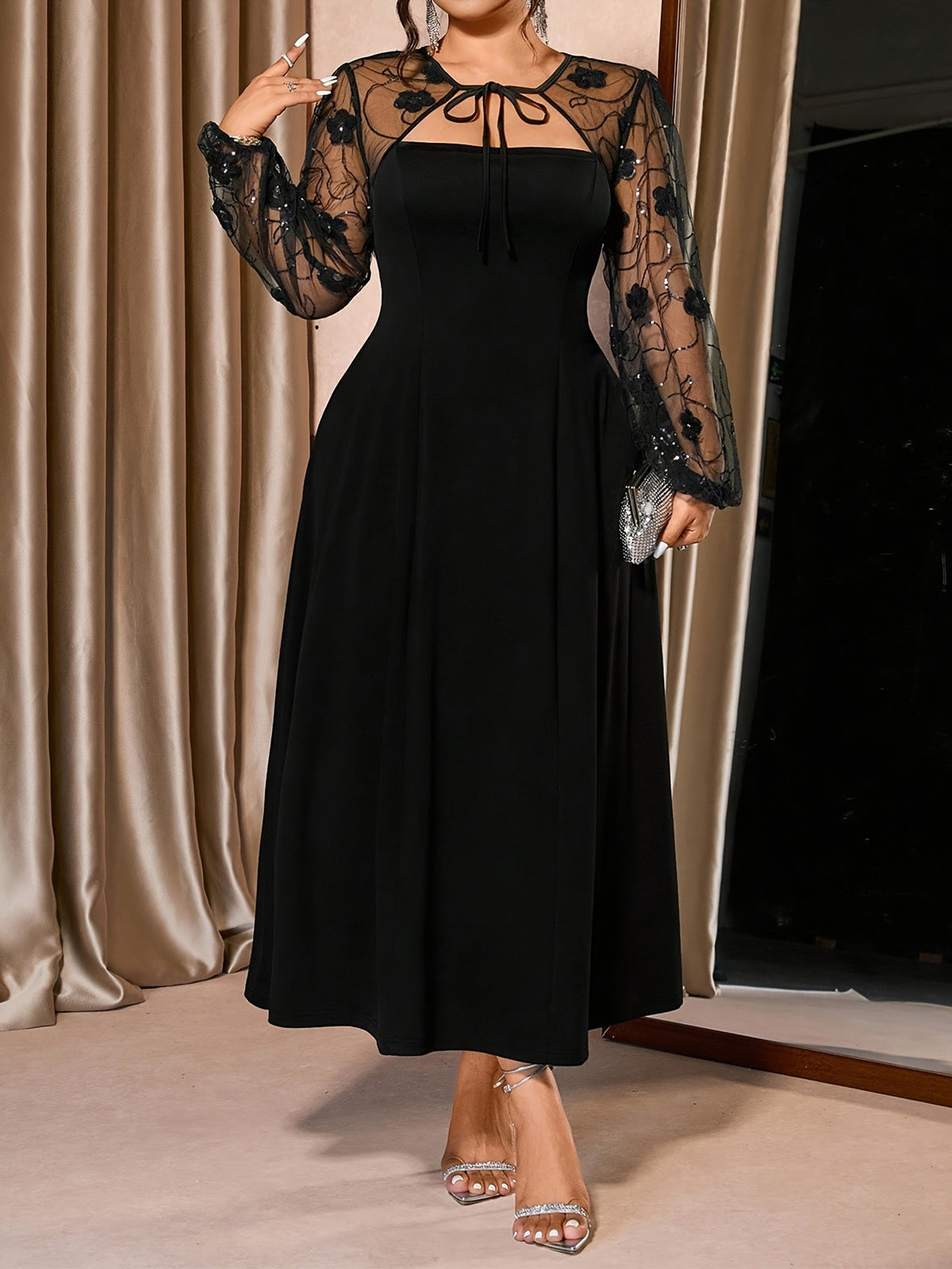 Elegant Plus Size Square Neck Mesh Midi Dress