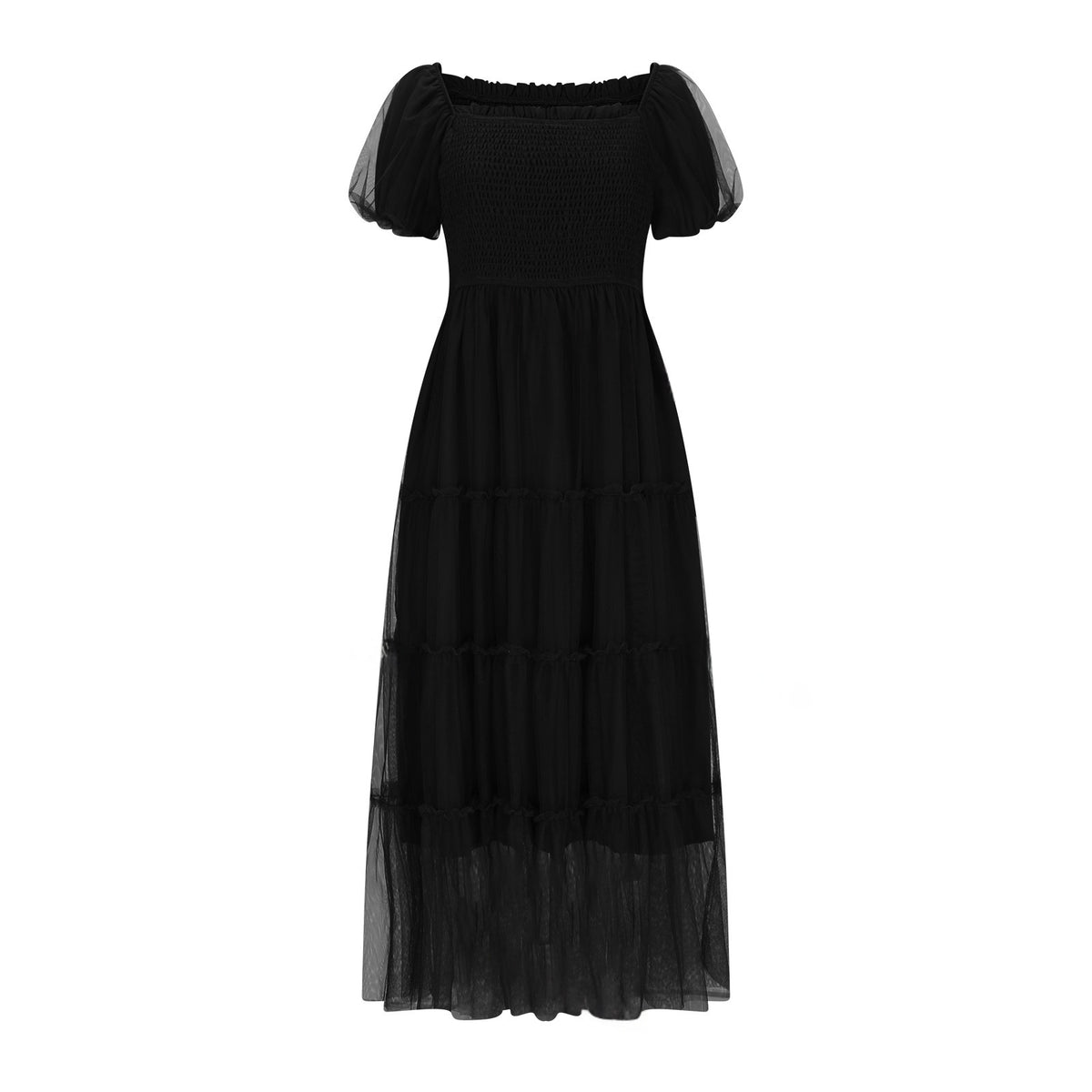 Square-neck Ruffled Casual Sheer Long Dress