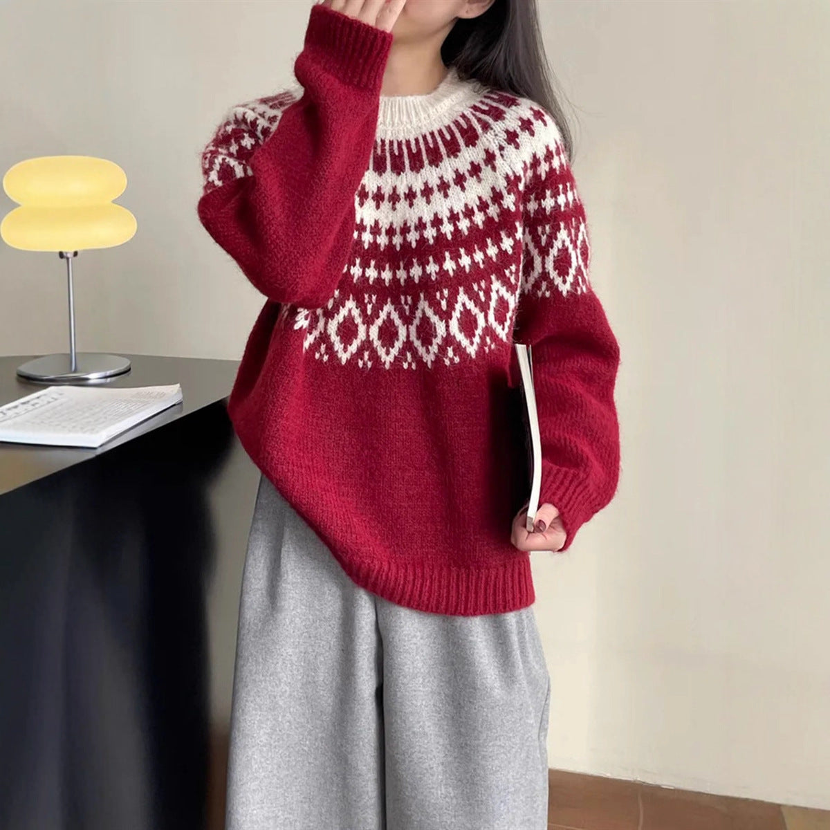 New Round Neck Loose Slimming Christmas Style Knitwear Top