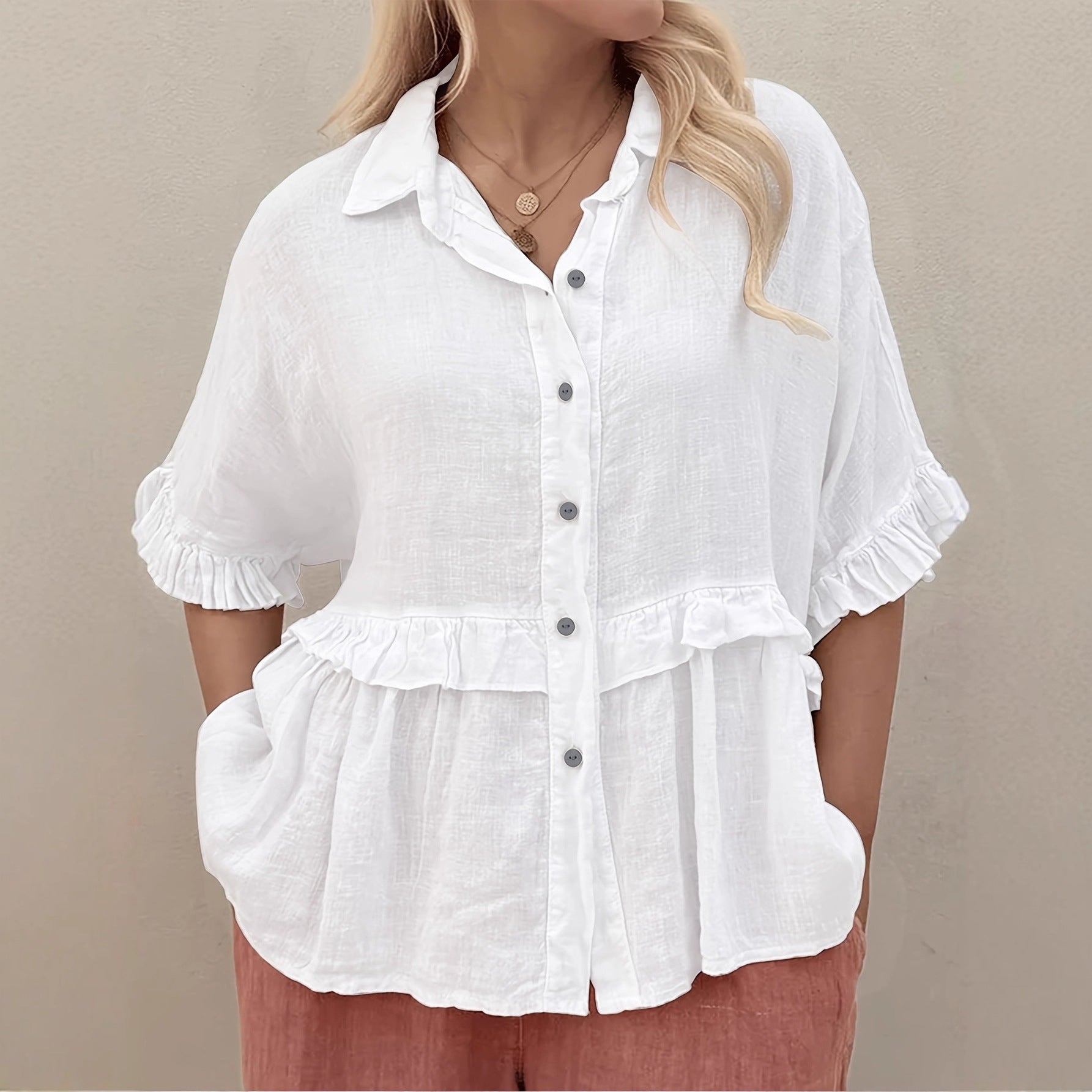 Loose-fitting Waist-cinched Ruffled Hem Blouse Textured