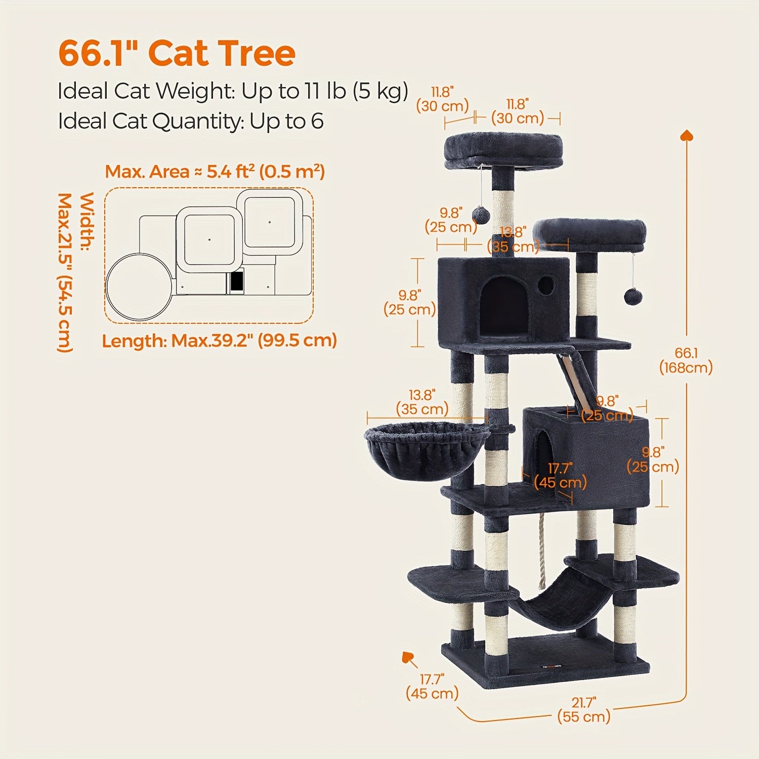 66.1/44.1in Cat Tree, Large Cat Tower with 13 Scratching Posts, 2 Perches, 2 Caves, Hanging Basket & Hammock, Pompoms, Stable Kitty Play House, Multi-Level Plush Cat Condo for