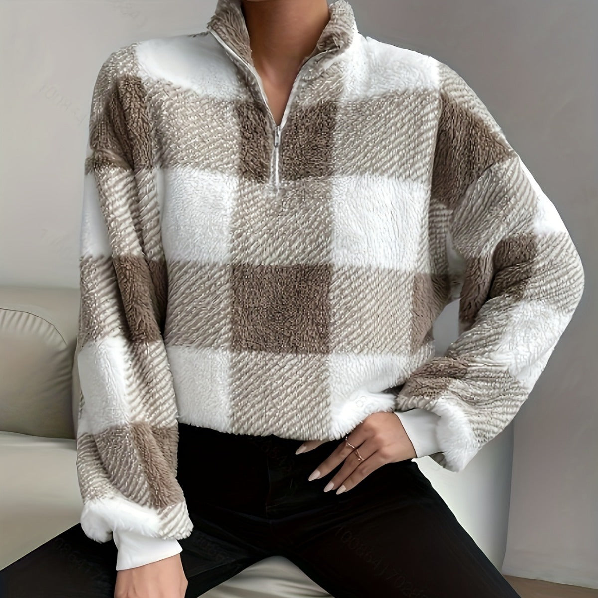 Women's Buffalo Plaid Off-Shoulder Half-Zip Sweater