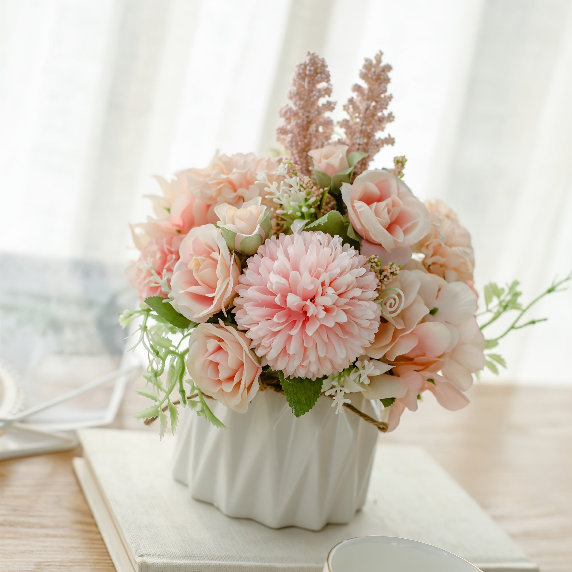 1pc Elegant Artificial Rose & Eucalyptus Berry Bouquet in Ceramic Vase – White Roses, Green Leaves, and Berries for Weddings, Birthdays, Holidays, and Home Decor – Perfect for Tabletops, Cafes, and…