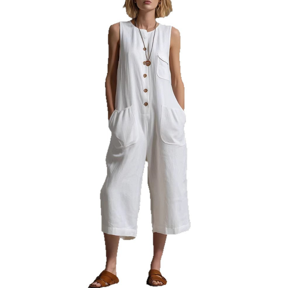 Retro Cotton-Linen Wide-Leg Cropped Jumpsuit