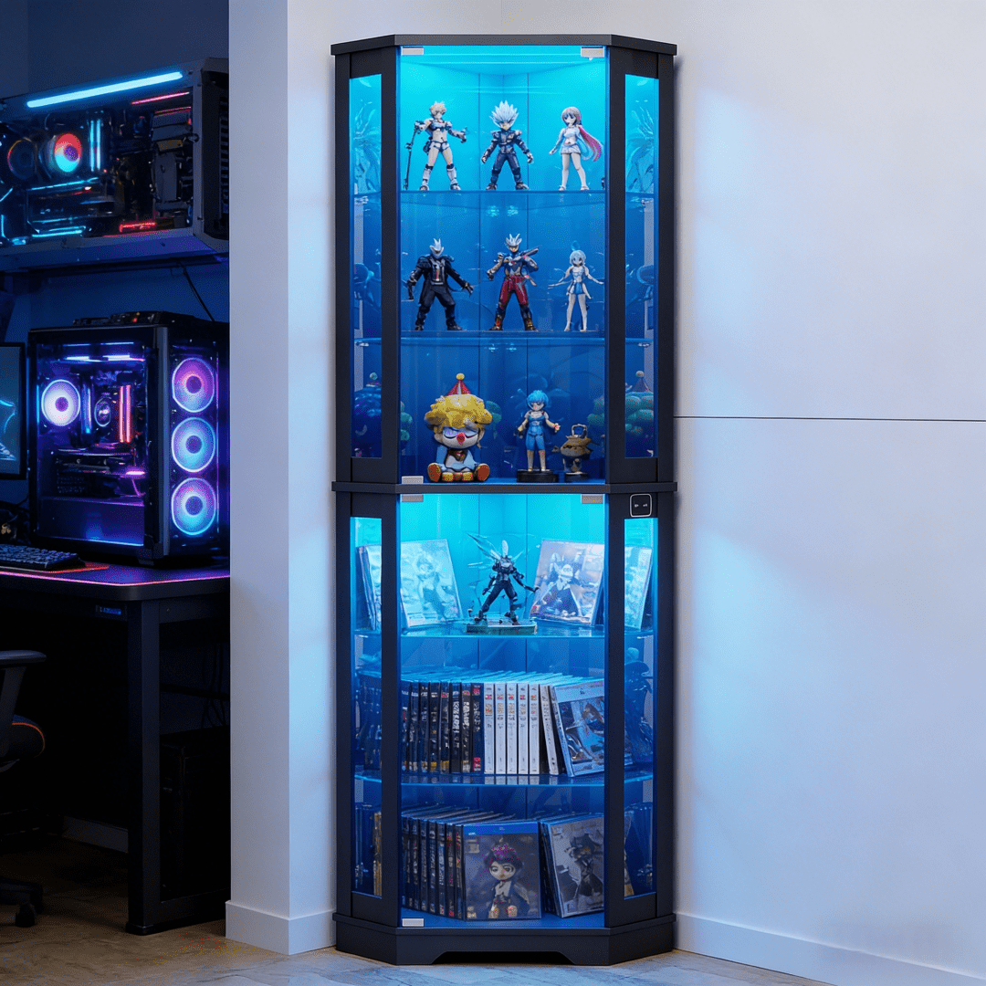6‑Tier Corner Glass Display Cabinet with Motion‑Activated 3‑Color LED Lighting – Black