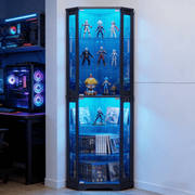 6‑Tier Corner Glass Display Cabinet with Motion‑Activated 3‑Color LED Lighting – Black
