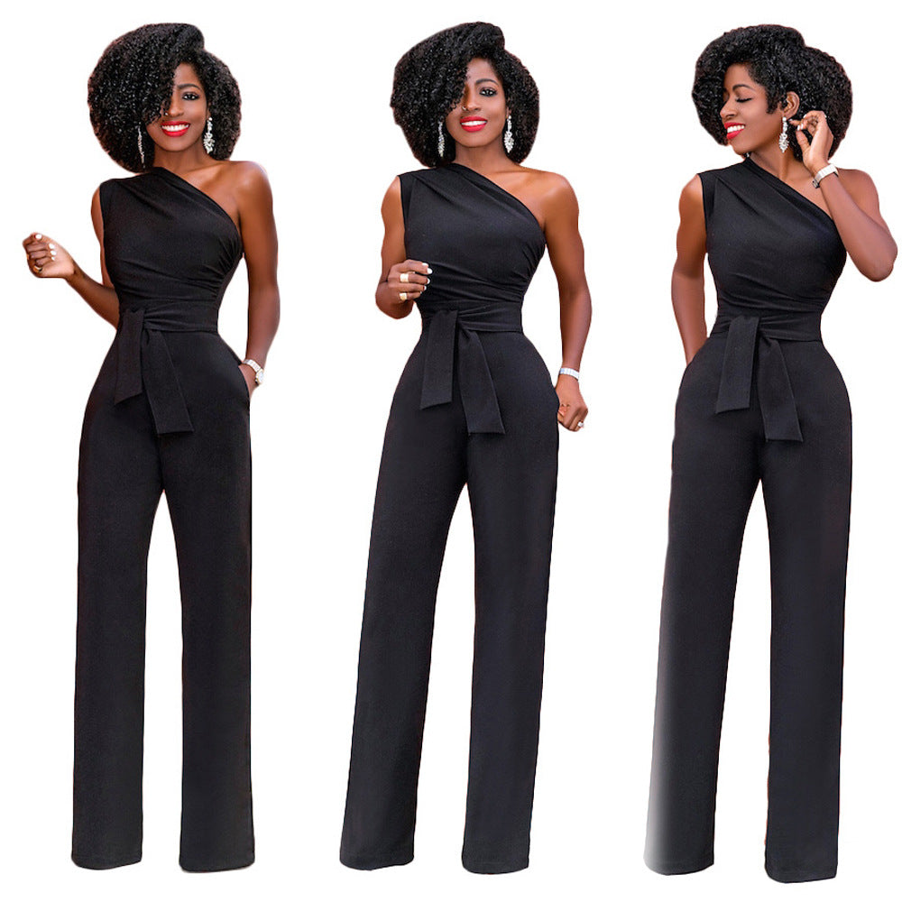 Elegant Slanted-Collar Wide-Leg Jumpsuit