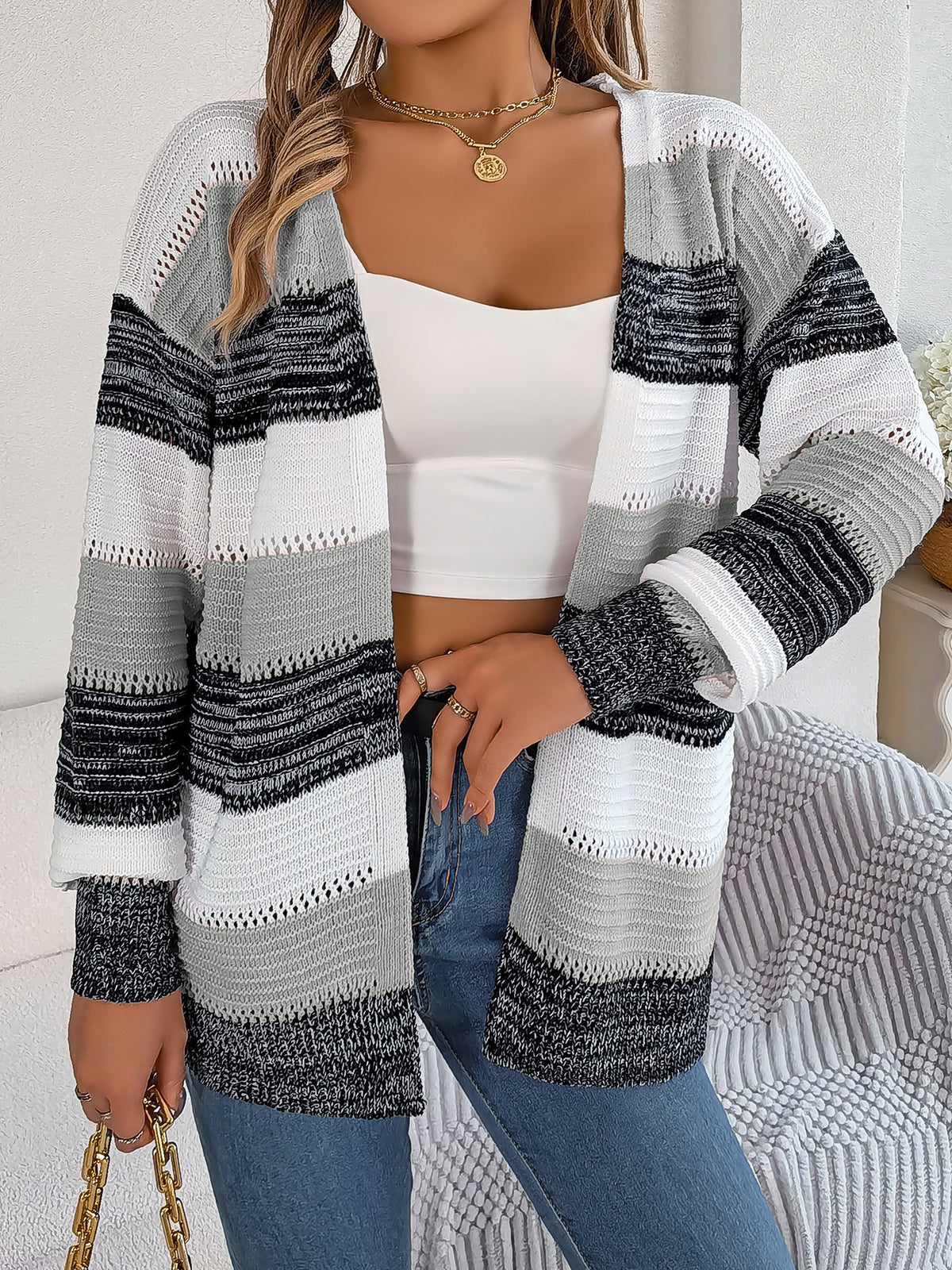 Women Casual Color Block Stripe Lantern Sleeve Cardigan Sweater Coat