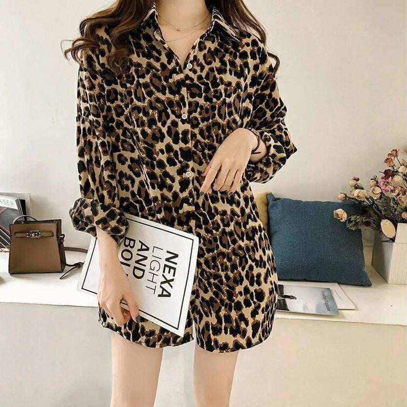New Stylish Loose Plus Size Leopard Long Sleeve Pattern Mid-length Shirt For Women