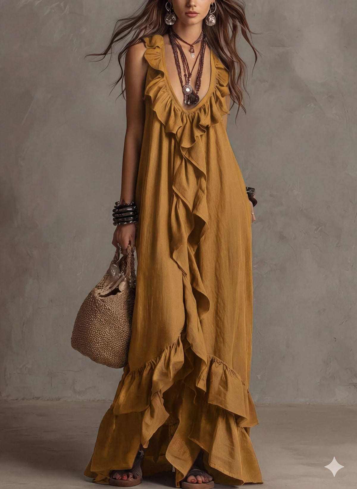 Bohemian V-Neck Ruffled Retro Dress