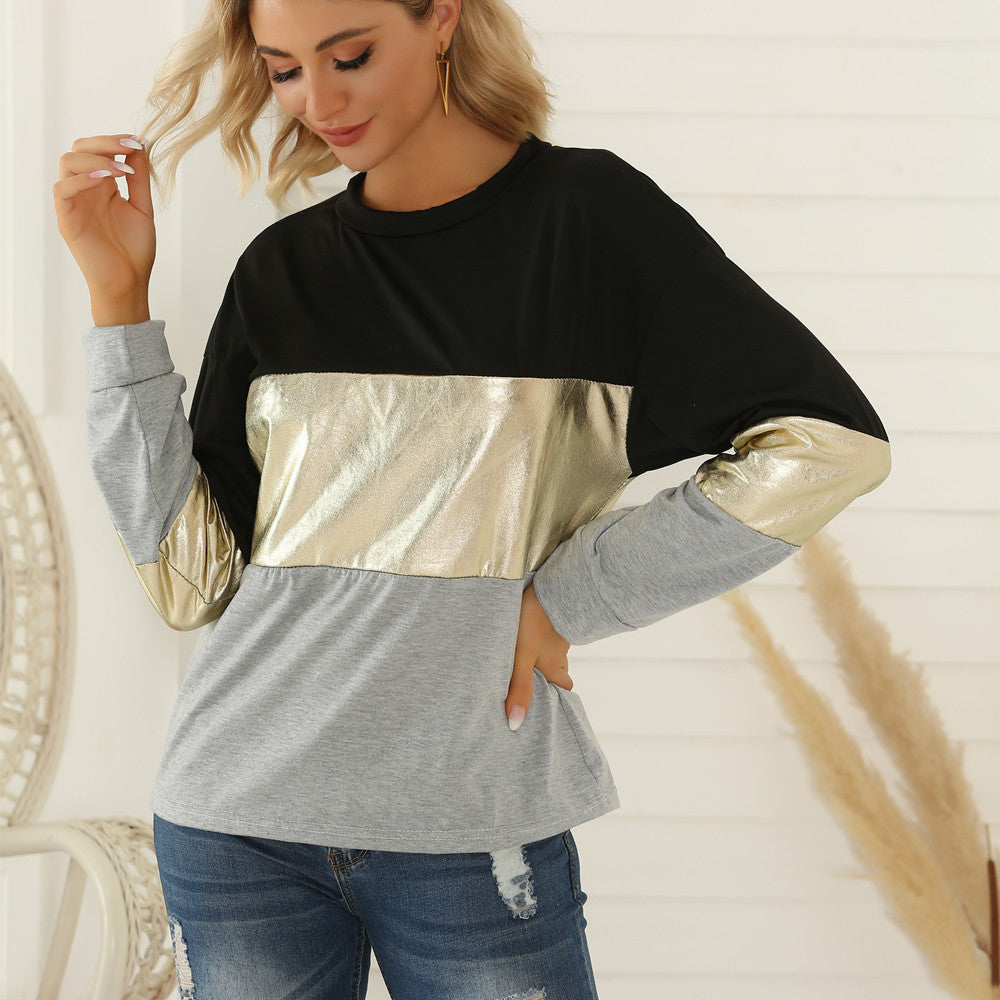 Chic Geometric Long Sleeve Gold-Trim Casual Pullover Top