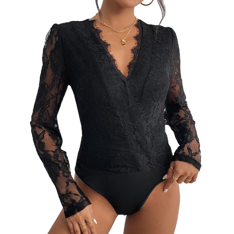 Lace V-Neck Slim Fit Long-Sleeve Romper