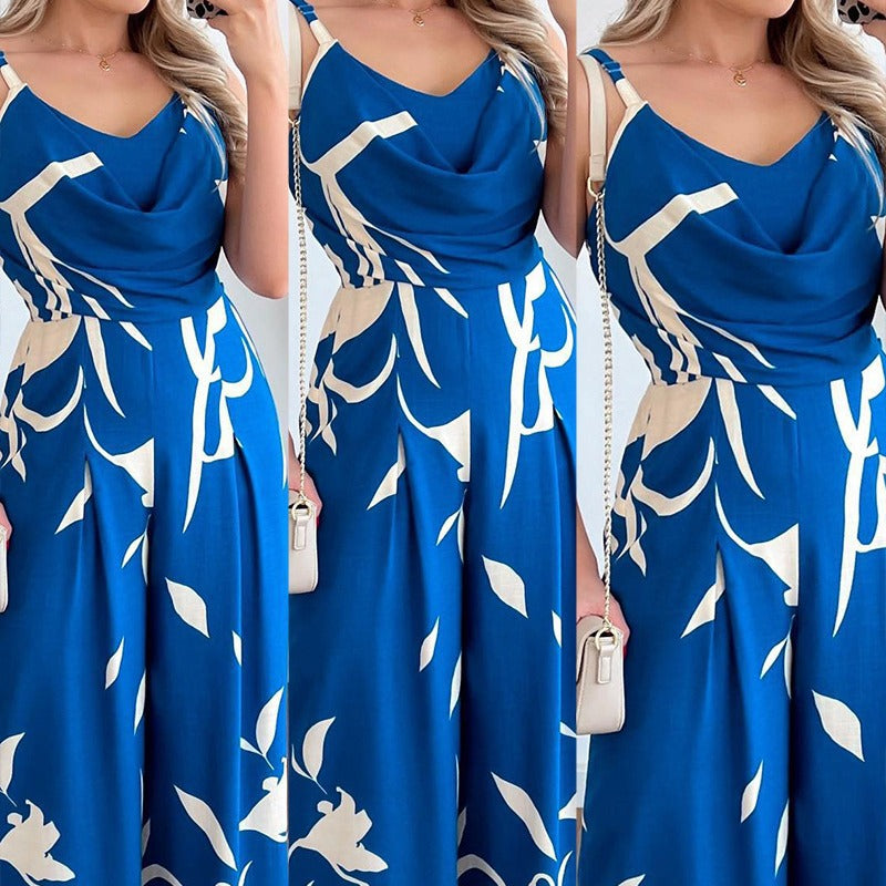 Chic Printed Wide-Leg Jumpsuit with Suspender Waist
