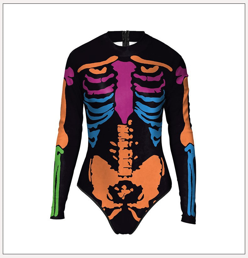 Women's Long-sleeved 3d Digital Printing Skull Skeleton One-piece Swimsuit