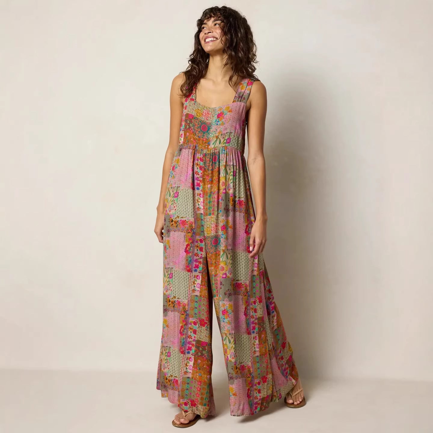 Retro Patchwork Wide-Leg Stretch Suspender Jumpsuit
