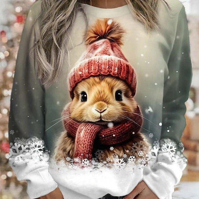 Cute Rabbit Print Round Neck Long Sleeve Sweater