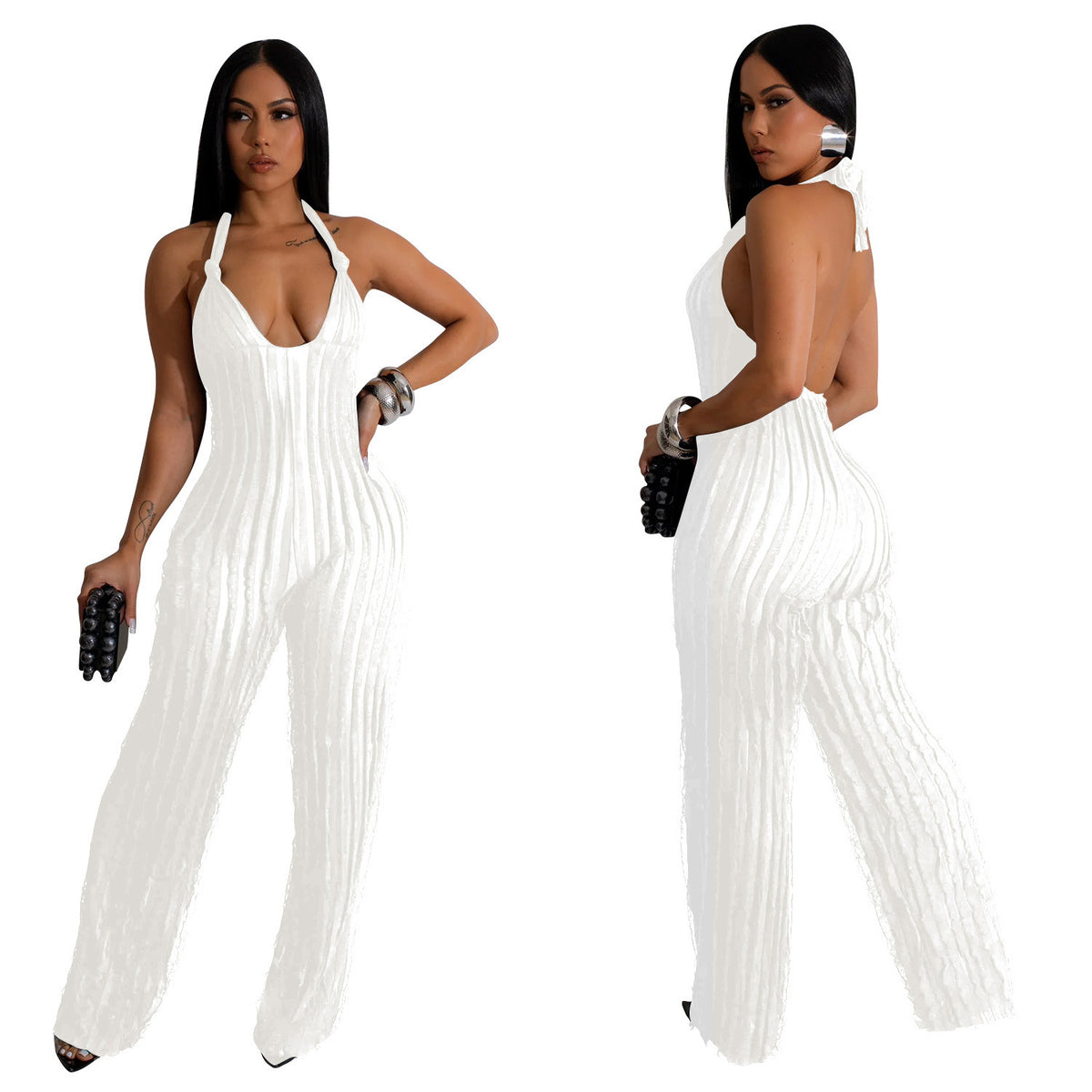 Women's Deep V Backless Pleated Halter Jumpsuit