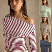 Striped Off‑Shoulder Long‑Sleeve Tee – Chic, Comfortable & Versatile