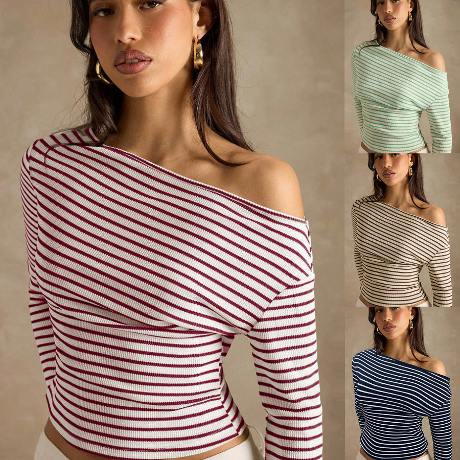 Striped Off‑Shoulder Long‑Sleeve Tee – Chic, Comfortable & Versatile