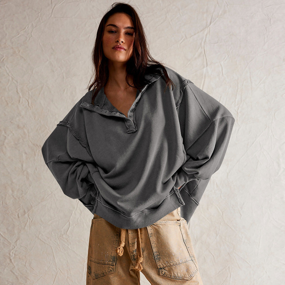 Chic Lantern Sleeve Split Lapel Pullover Sweater